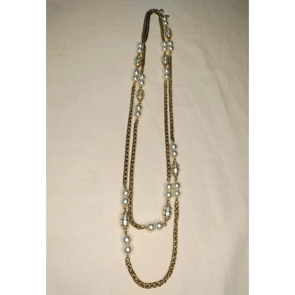 Sarah Coventry Vintage Gold Tone Chain Faux Pearl Pendant Long Necklace Jewelry - Picture 9 of 16